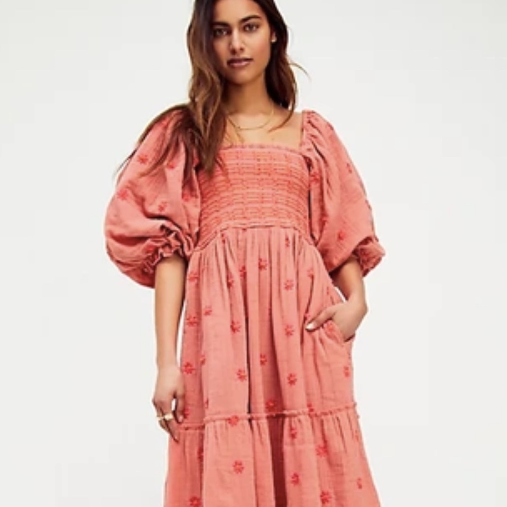 Free People Embroidered Dahlia Maxi Dress Size Large Melon Combo